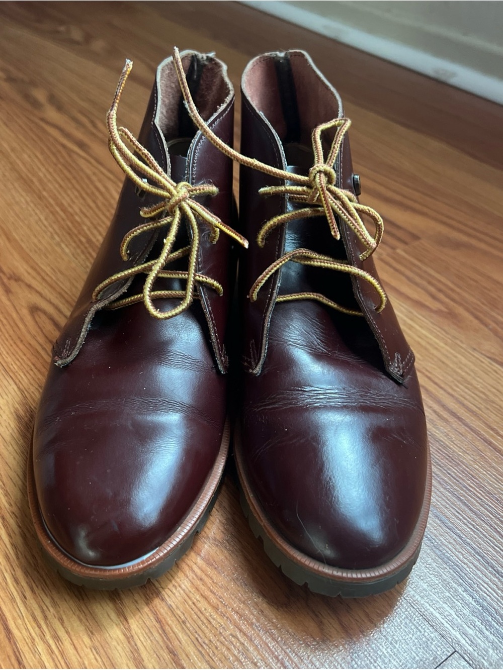 Etienne Aigner Burgundy Leather Ankle Booties with Tan Laces - Picture 2 of 10